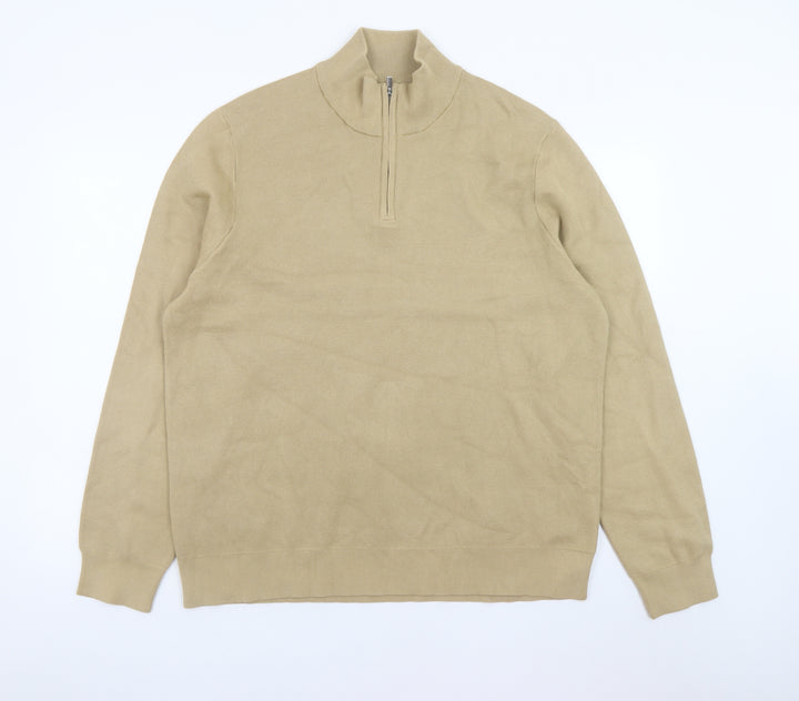 Marks and Spencer Men's Beige XL 1/2 Zip High Neck Cotton Jumper