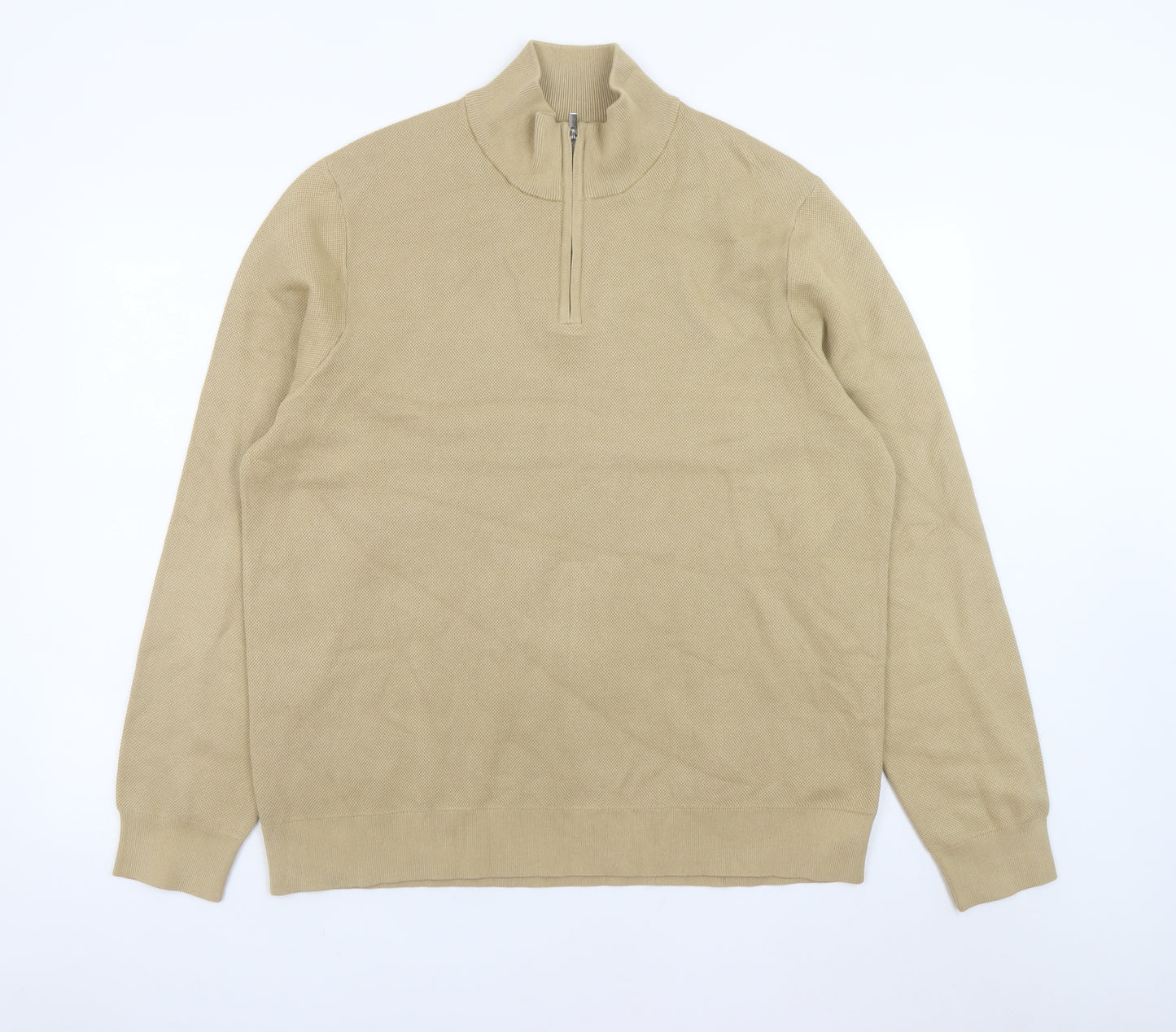 Marks and Spencer Men's Beige XL 1/2 Zip High Neck Cotton Jumper