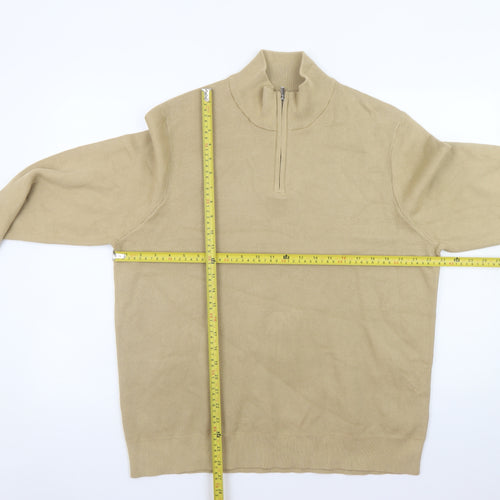 Marks and Spencer Men's Beige XL 1/2 Zip High Neck Cotton Jumper