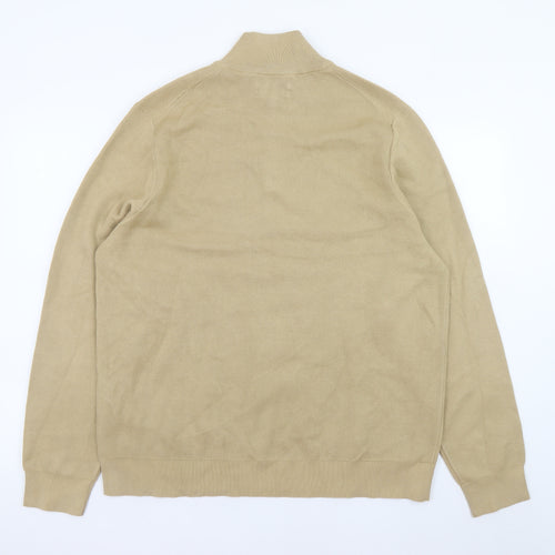 Marks and Spencer Men's Beige XL 1/2 Zip High Neck Cotton Jumper
