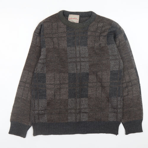 Justin Men's Brown Wool Blend Check Knit Jumper Size S
