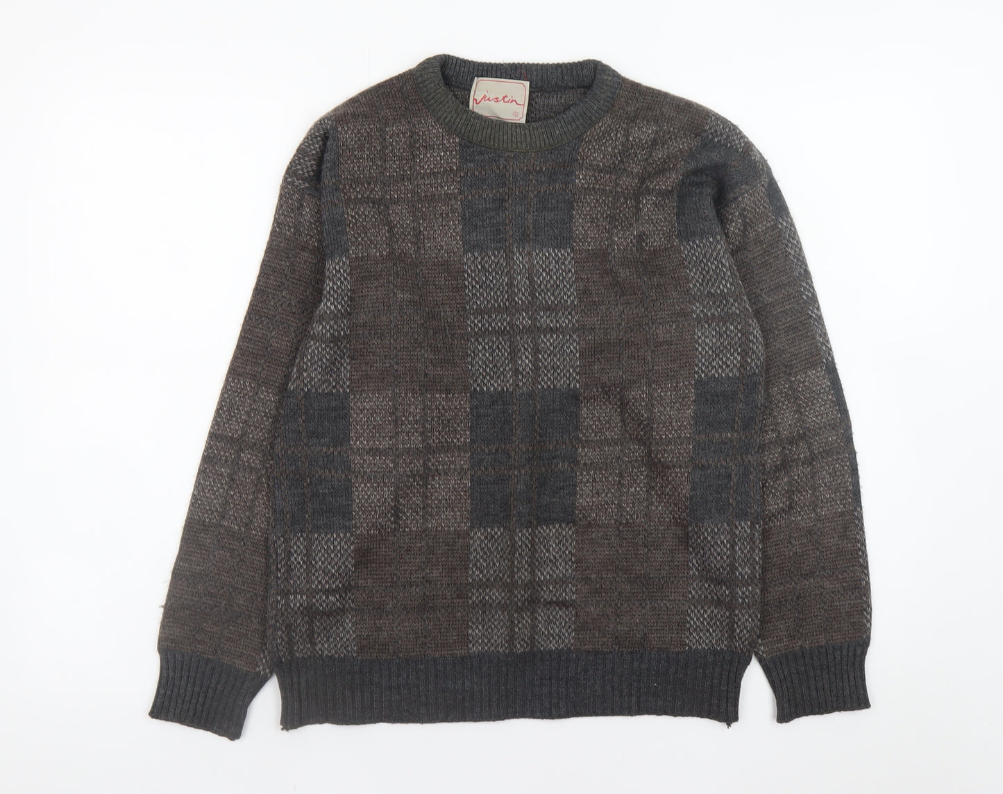 Justin Men's Brown Wool Blend Check Knit Jumper Size S