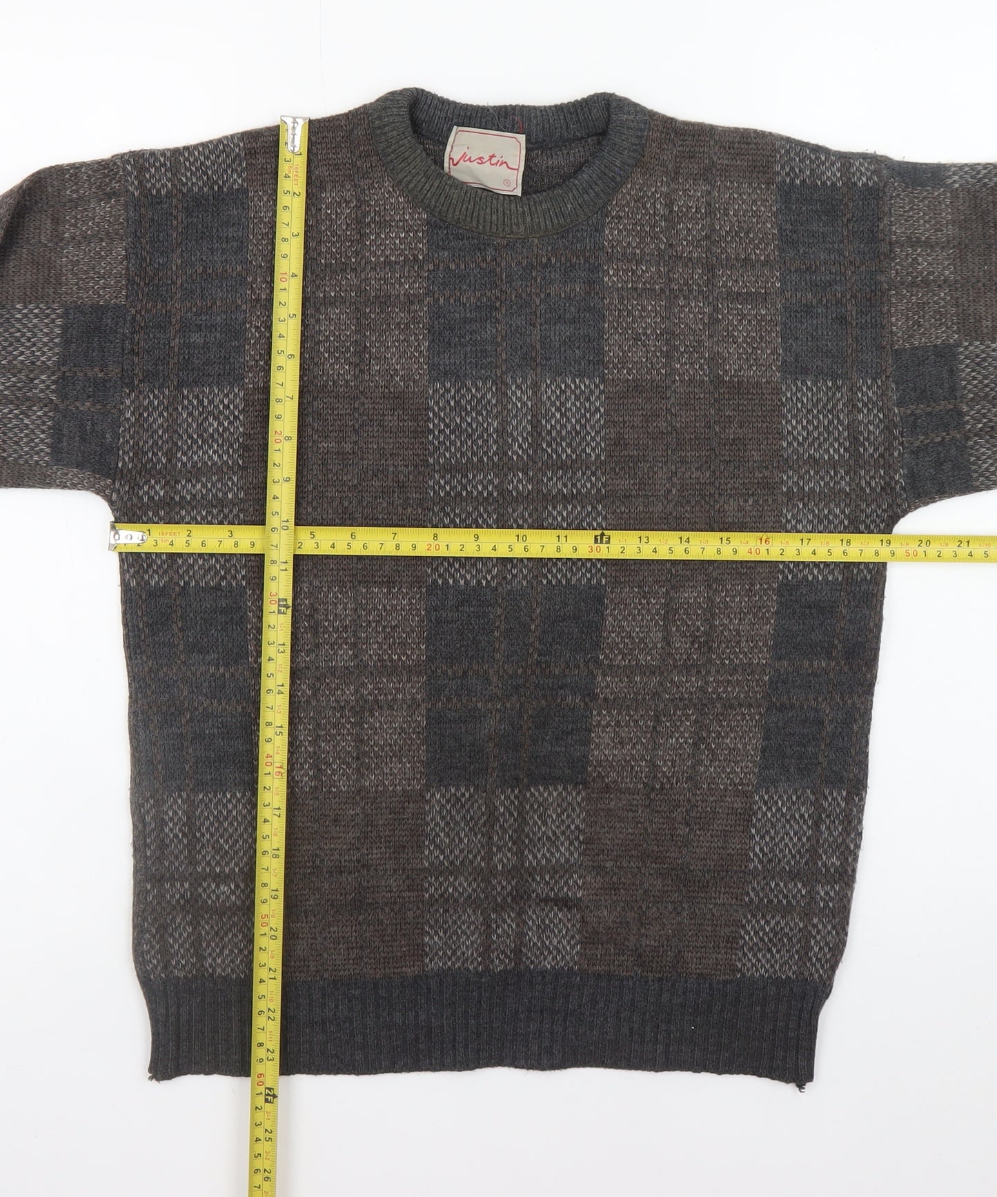 Justin Men's Brown Wool Blend Check Knit Jumper Size S