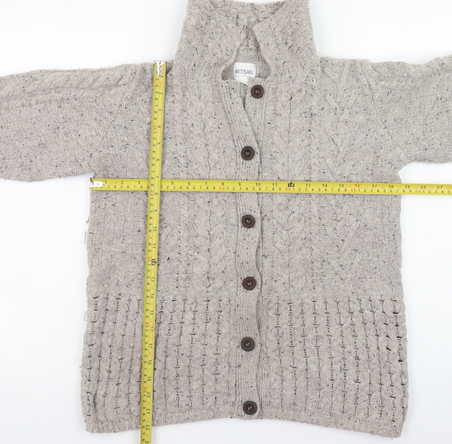 Artisan Knitwear Women's Beige Wool Blend Cable-Knit Cardigan M