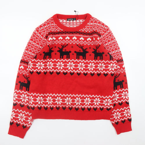 Boohoo Men's Red Fair Isle Reindeer Christmas Jumper XL