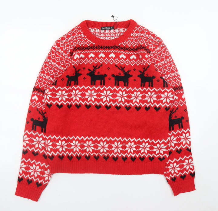 Boohoo Men's Red Fair Isle Reindeer Christmas Jumper XL