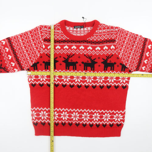 Boohoo Men's Red Fair Isle Reindeer Christmas Jumper XL