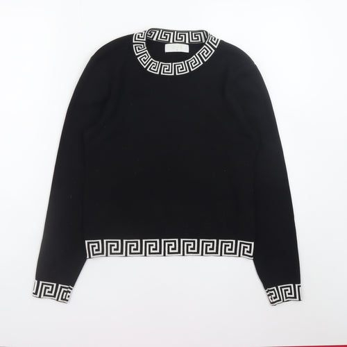 Quiz Womens Black Geometric Trim Crew Neck Knit Jumper Size M