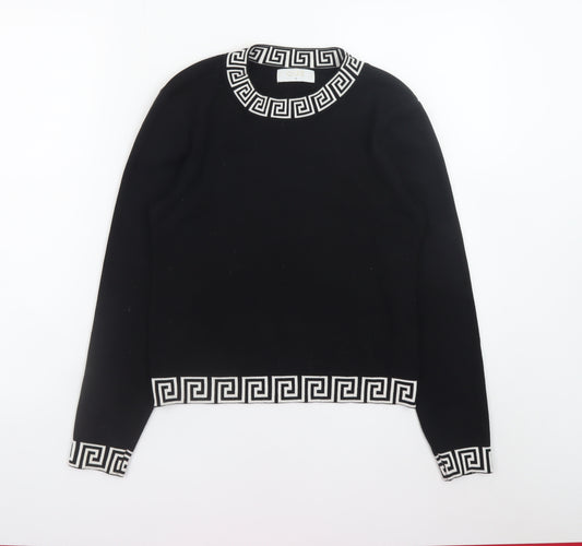 Quiz Womens Black Geometric Trim Crew Neck Knit Jumper Size M