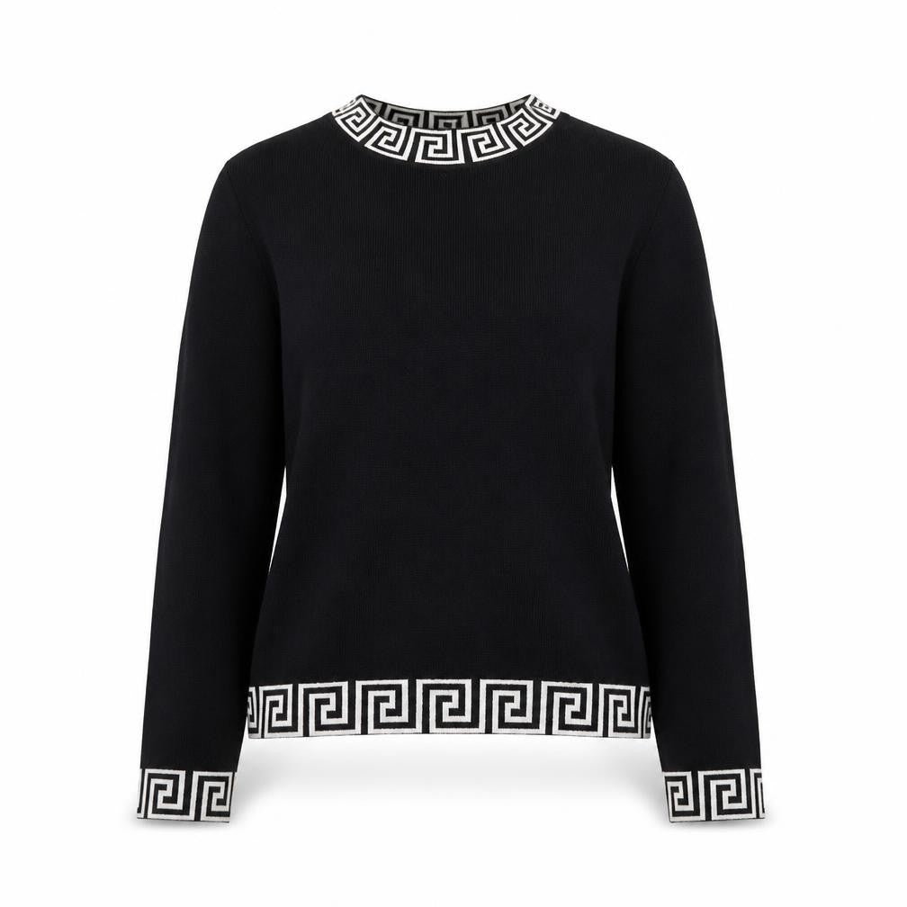 Quiz Womens Black Geometric Trim Crew Neck Knit Jumper Size M