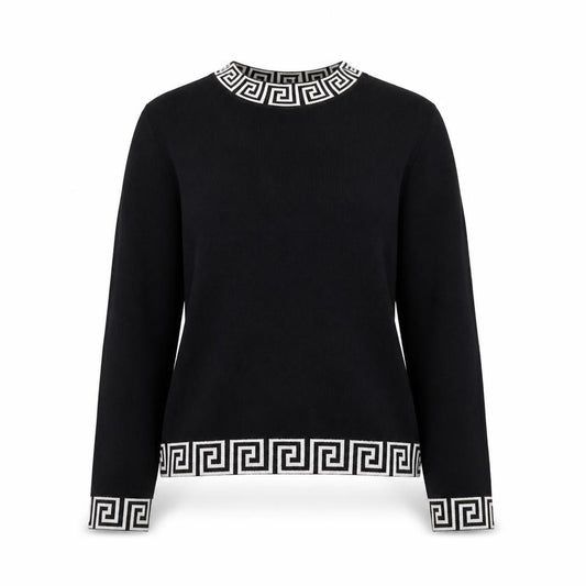 Front view of Quiz women’s black geometric trim crew neck knit jumper, size M