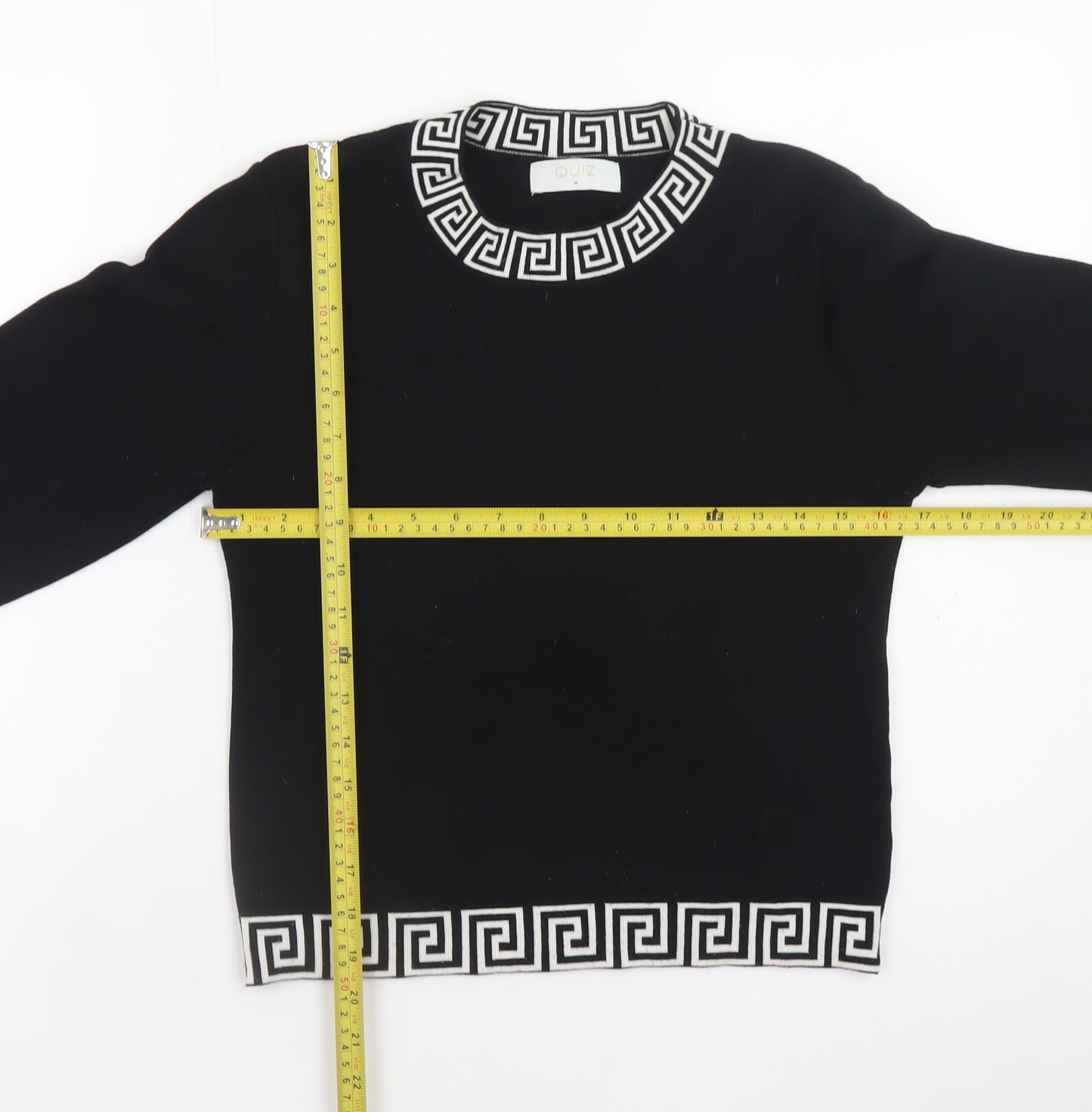 Quiz Womens Black Geometric Trim Crew Neck Knit Jumper Size M