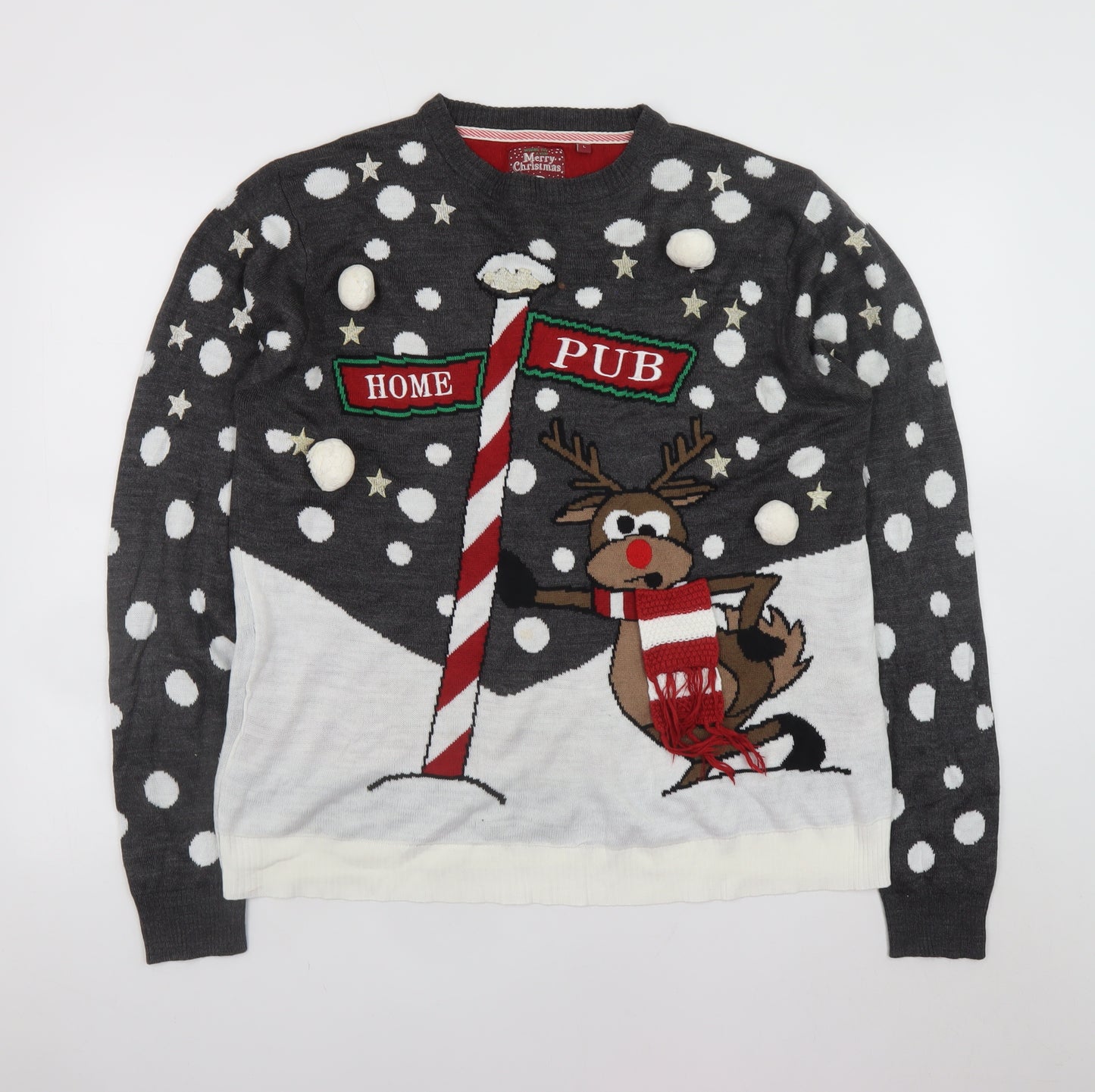 Brave Soul Men's Grey Christmas Reindeer Jumper Size L Pullover