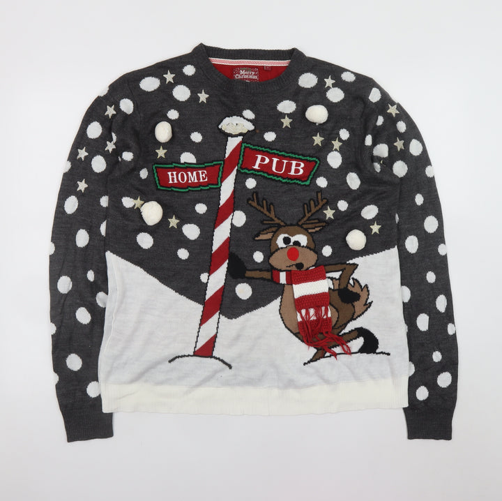 Brave Soul Men's Grey Christmas Reindeer Jumper Size L Pullover
