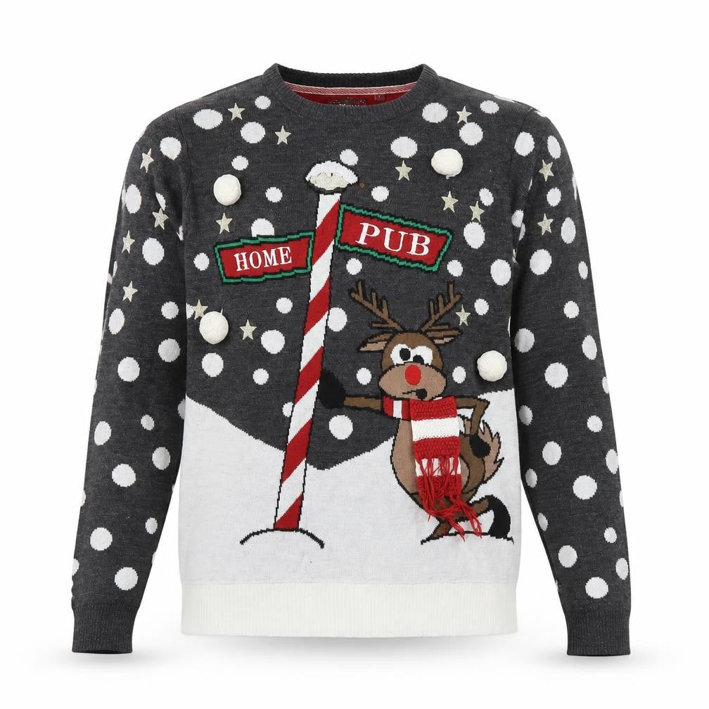 Front view of Brave Soul Men's Grey Christmas Reindeer Jumper, size L, Pullover
