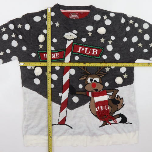 Brave Soul Men's Grey Christmas Reindeer Jumper Size L Pullover
