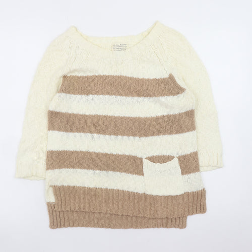 New Look Women’s Beige Striped 3/4 Sleeve Cotton Knit Jumper Size 10