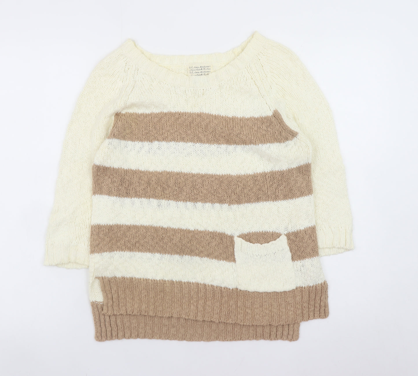 New Look Women’s Beige Striped 3/4 Sleeve Cotton Knit Jumper Size 10