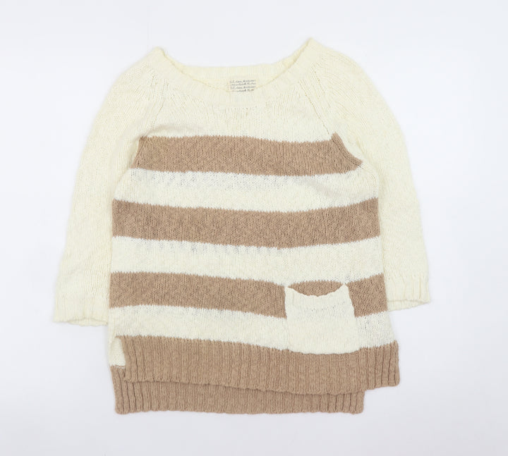 New Look Women’s Beige Striped 3/4 Sleeve Cotton Knit Jumper Size 10