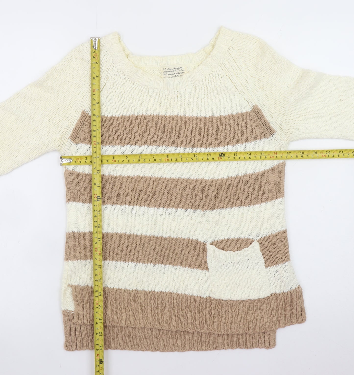 New Look Women’s Beige Striped 3/4 Sleeve Cotton Knit Jumper Size 10