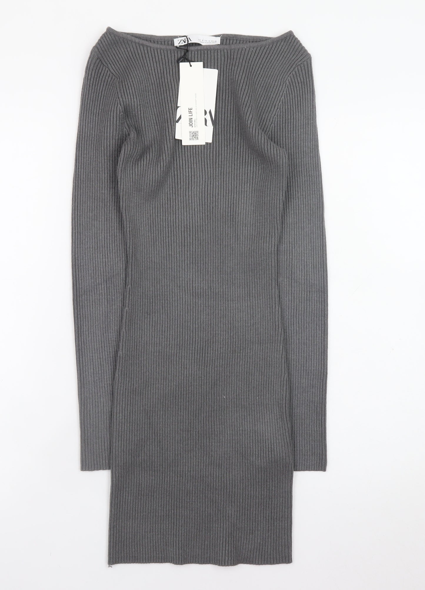 Zara Women Grey Knit Bodycon Dress Size S Long Sleeve