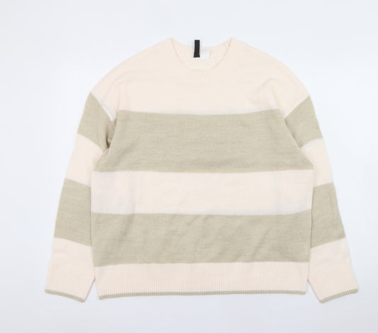 H&M Women Beige Striped Acrylic Knit Pullover Jumper Size 12