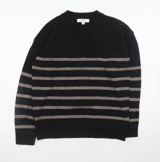 Marks and Spencer Women's Black Striped V-Neck Jumper Size S