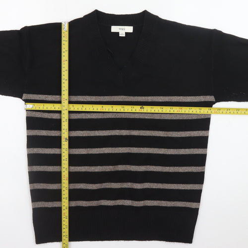 Marks and Spencer Women's Black Striped V-Neck Jumper Size S