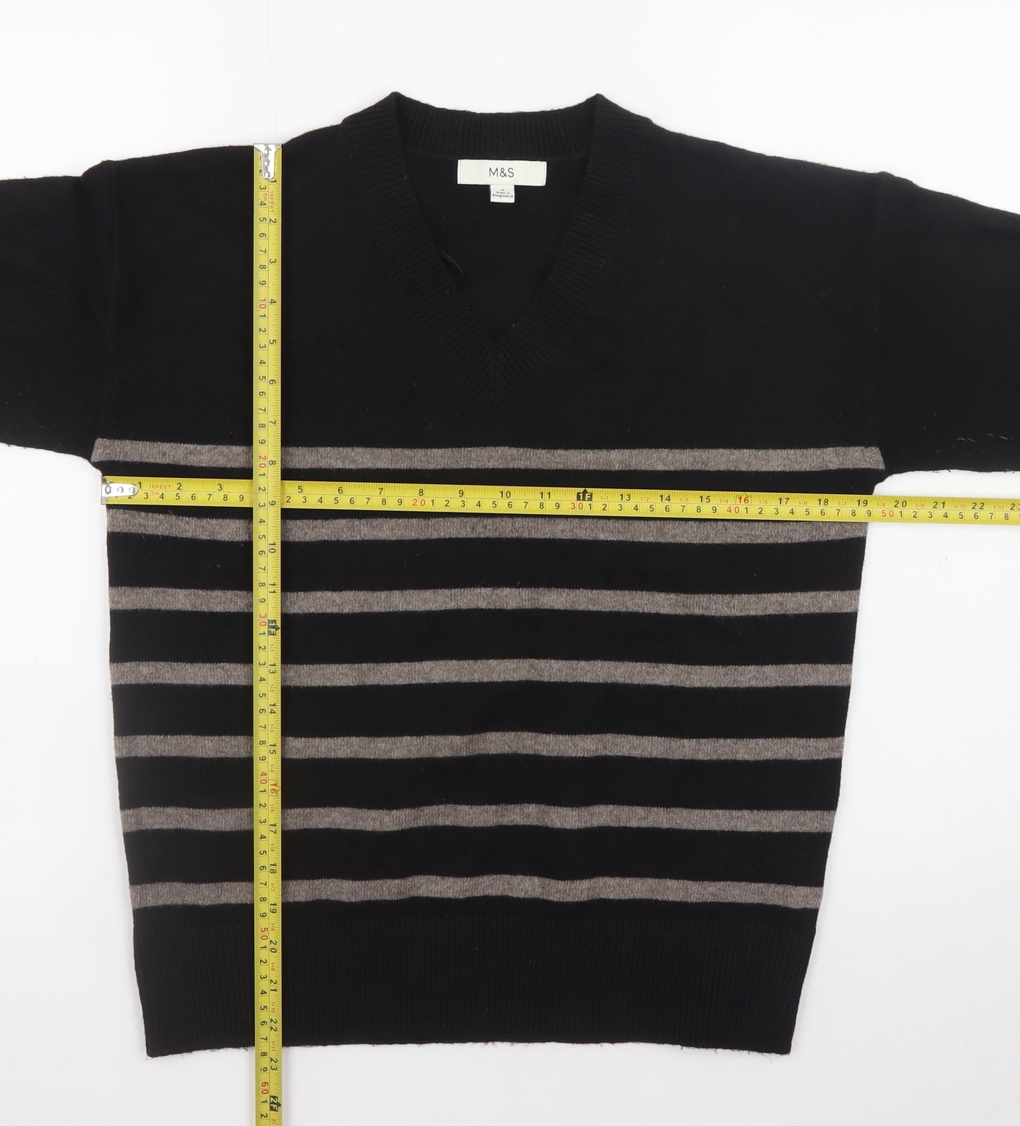 Marks and Spencer Women's Black Striped V-Neck Jumper Size S
