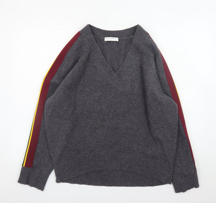 Sandro Paris Women’s Grey Wool V-Neck Pullover Jumper Size L