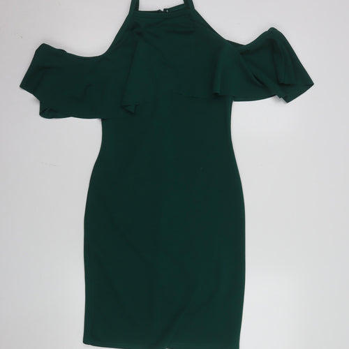 Quiz Women Green Size 12 Cold Shoulder Ruffle Bodycon Dress