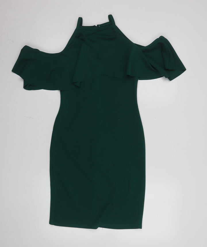 Quiz Women Green Size 12 Cold Shoulder Ruffle Bodycon Dress