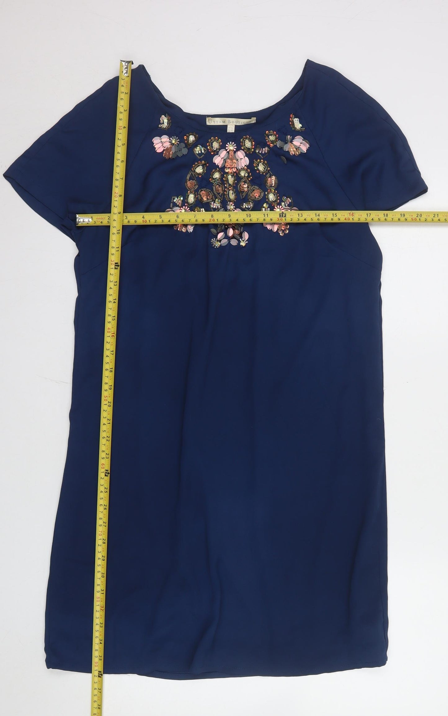 Uttam Boutique Women Blue Size 12 Beaded Shift Dress