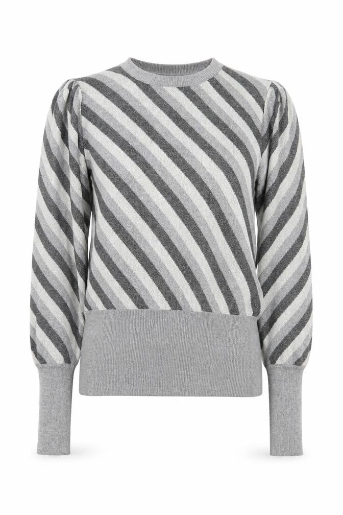 Front view of Marks & Spencer women’s grey striped jersey knit jumper, size UK 12