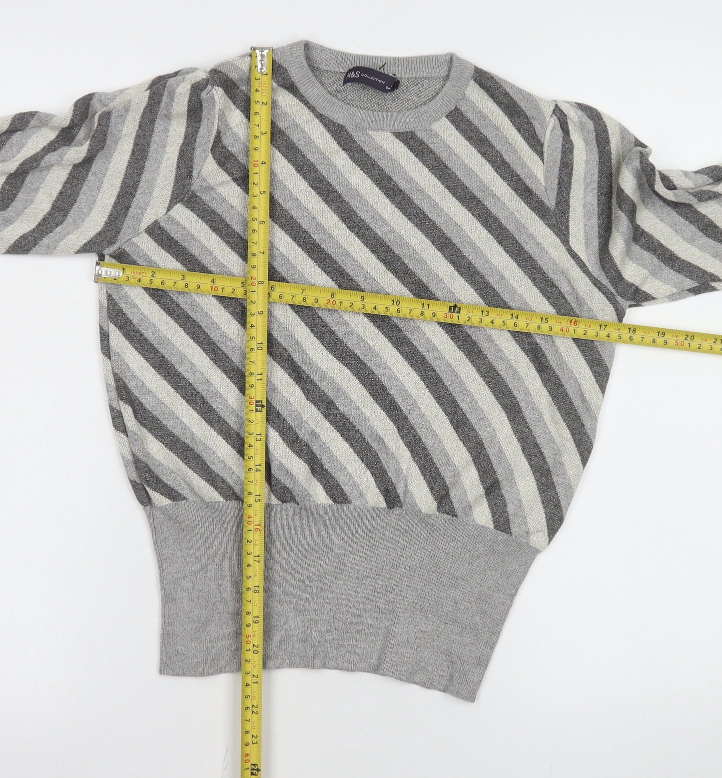 Marks and Spencer Womens Grey Striped Jersey Knit Jumper Size 12