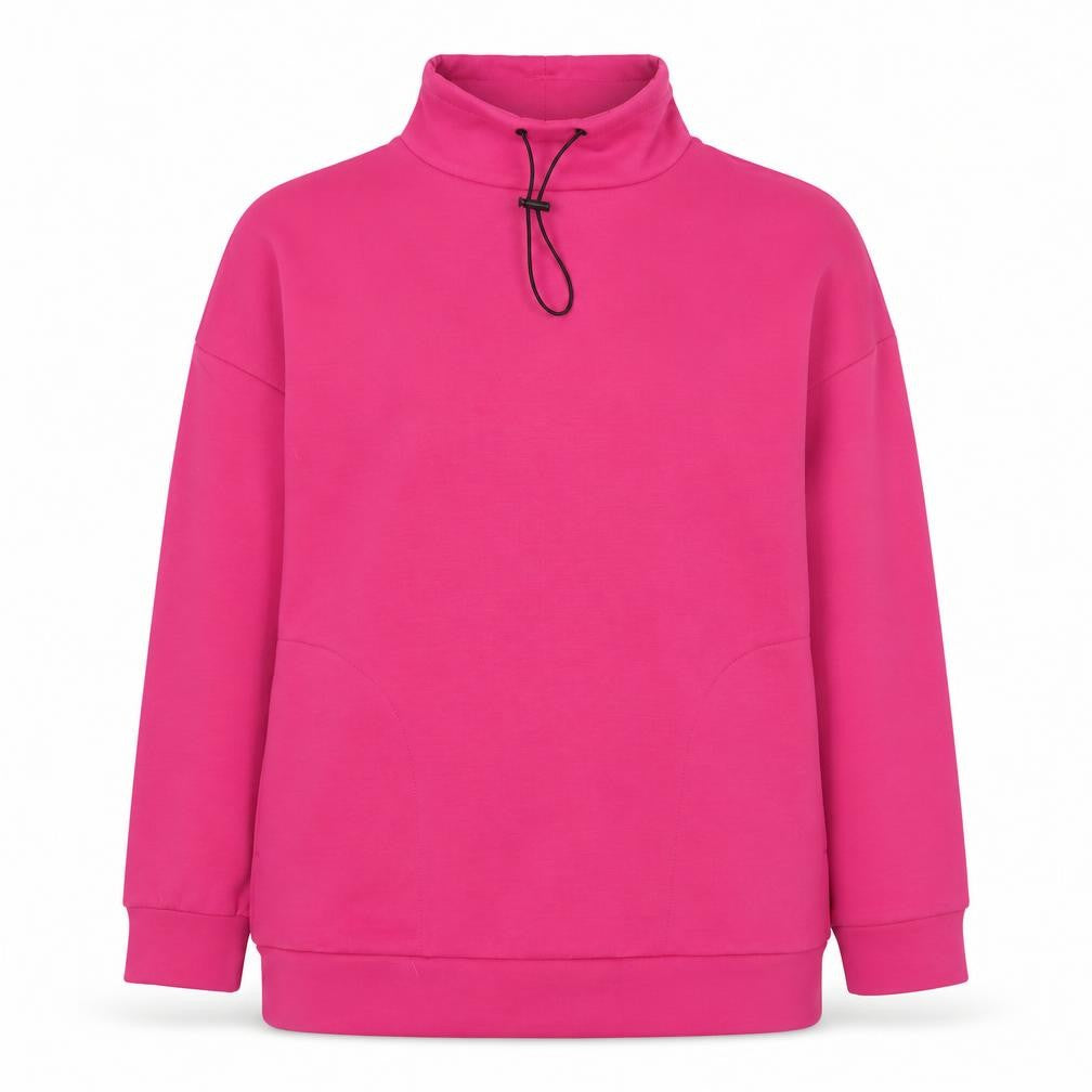 Front view of F&F women’s pink pullover sweatshirt high neck, size S, polyester blend