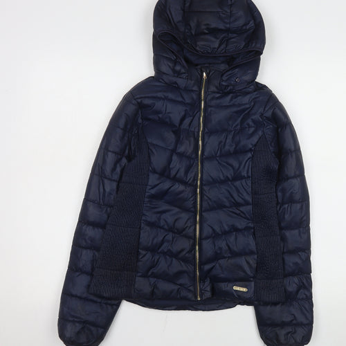 H&M Girls Blue Hooded Puffer Jacket Size 13 Years Polyester Autumn Winter