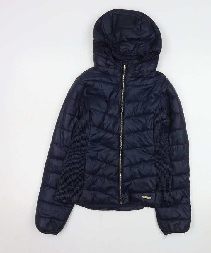 H&M Girls Blue Hooded Puffer Jacket Size 13 Years Polyester Autumn Winter