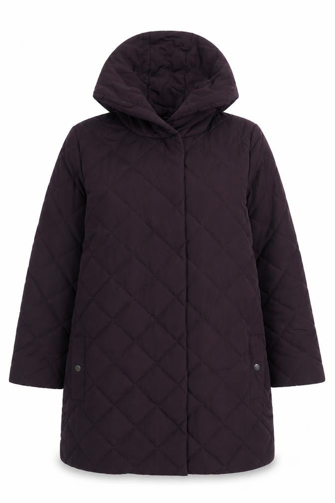 Front view of Dannimac women’s purple quilted hooded long coat, size UK 14