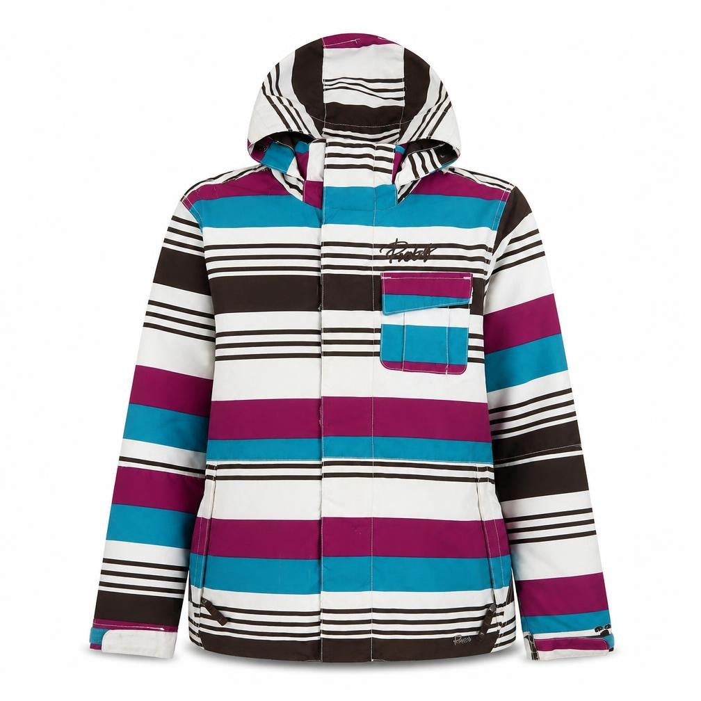 Front view of Protest women’s multicoloured striped ski jacket s waterproof hooded winter coat