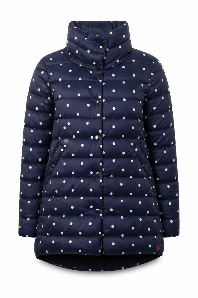 Front view of Joules women’s blue polka dot mid-length puffer coat, size UK 10