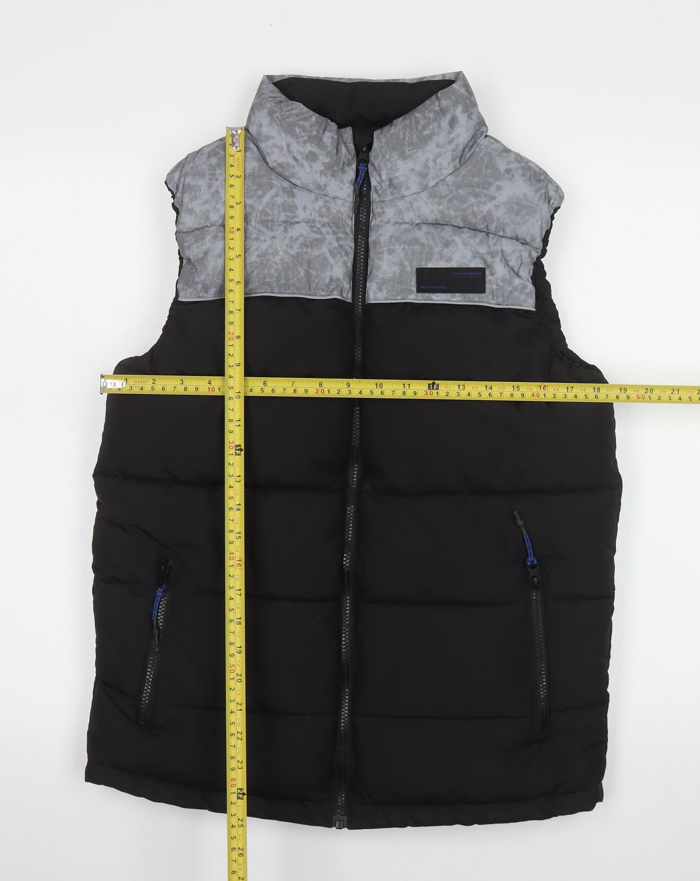 F&F Boys Black Puffer Waistcoat 13-14 Years Lined Insulated Bodywarmer