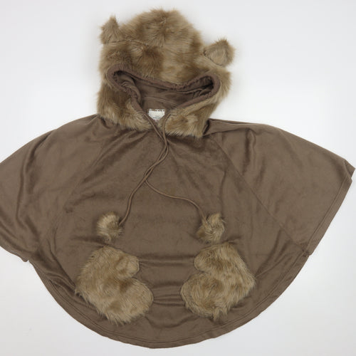 Next Women Brown XS Hooded Faux Fur Trim Fleece Robe Poncho