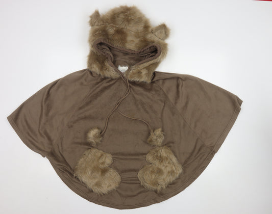 Next Women Brown XS Hooded Faux Fur Trim Fleece Robe Poncho
