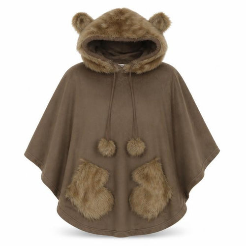 Next Women Brown XS Hooded Faux Fur Trim Fleece Robe Poncho