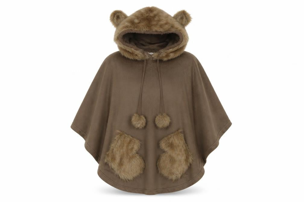 Next Women Brown XS Hooded Faux Fur Trim Fleece Robe Poncho
