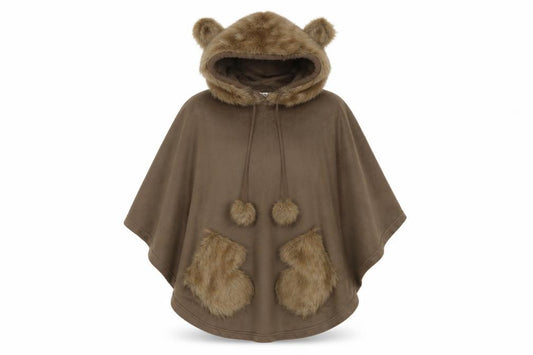 Next Women Brown XS Hooded Faux Fur Trim Fleece Robe Poncho