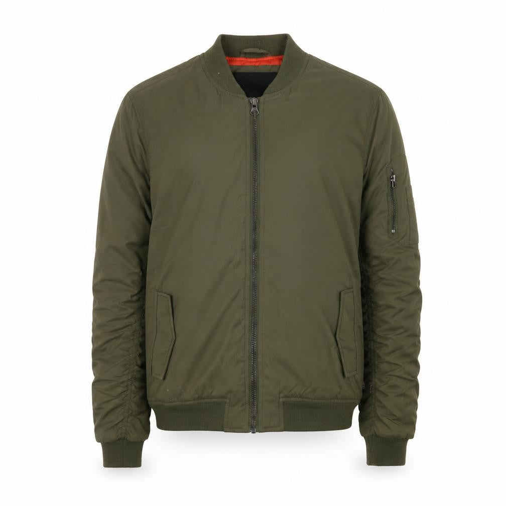 Front view of Indigo Men's Khaki Nylon Bomber Jacket, size S, Lightweight Lined Zip