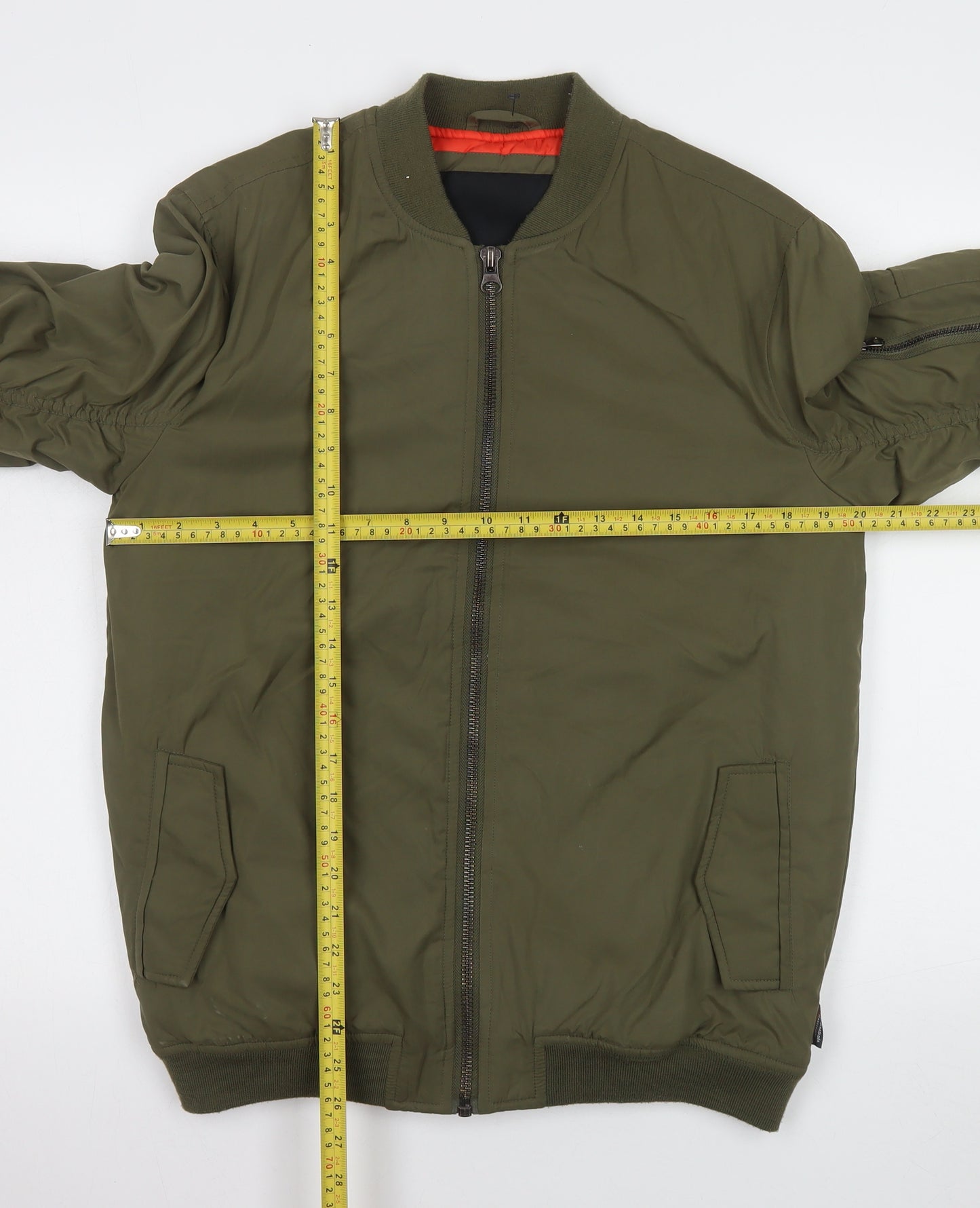 Indigo Men's Khaki Nylon Bomber Jacket Size S Lightweight Lined Zip