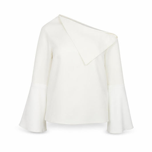 Front view of ASOS Women’s White One Shoulder Bell Sleeve Wrap Blouse, size UK 12